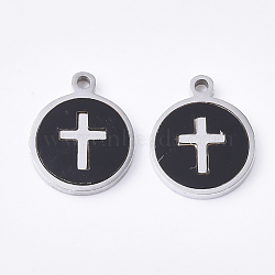 304 Stainless Steel Charms, with Black Acrylic, Flat Round with Cross, Stainless Steel Color, 12x10x1.5mm, Hole: 1.2mm(STAS-S079-127P)