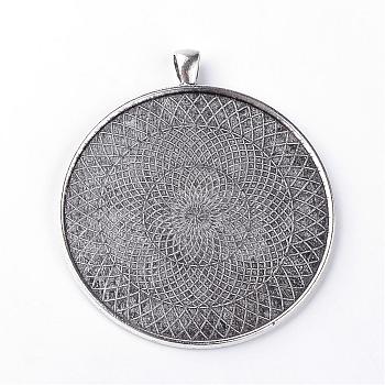 Tibetan Style Alloy Pendant Cabochon Settings, Flat Round, Cadmium Free & Lead Free, Antique Silver, Tray: 58mm, 70x62x2.5mm, Hole: 7x4.5mm, about 70pcs/1000g