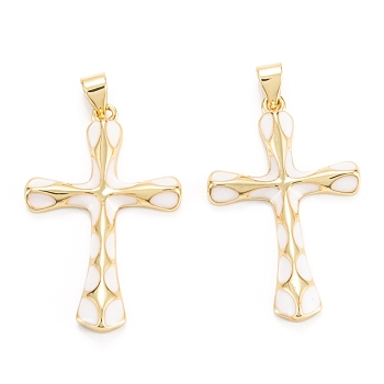 Brass Enamel Pendants, Real 18K Gold Plated, Long-Lasting Plated, Cross, White, 32.5x21.5x3.5mm, Hole: 5x3mm