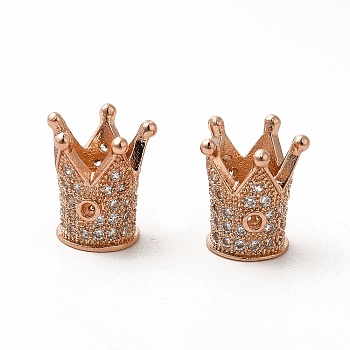 Rack Plating Brass Micro Pave Cubic Zirconia Beads, Long-Lasting Plated, Cadmium Free & Lead Free, Crown, Rose Gold, 12~12.5x10~11mm, Hole: 1.2mm