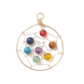 7 Chakra Gemstone Big Pendants, Flat Round Charms with Natural & Synthetic Mixed Stone Round Beads, with Eco-Friendly Copper Wire Wrapped, Mixed Dyed and Undyed, Real 18K Gold Plated, 51x40x6mm, Hole: 5.2mm