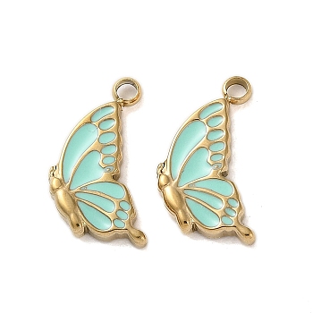 304 Stainless Steel with Enamel Charms, Butterfly Charm, Real 14K Gold Plated, Turquoise, 14.5x9x2mm, Hole: 1.6mm