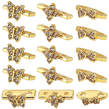 24Pcs 3 Styles Brass Pave Clear Cubic Zirconia Connector Charms, Long-Lasting Plated, Butterfly & Flower & Bowknot Links, Golden, 3~7.5x10~13x5~7mm, Hole: 1.2~1.8mm, 8pcs/style