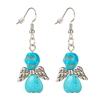 Synthetic Turquoise Skull with Wings Dangle Earrings, Halloween Brass Jewelry for Women, Dark Turquoise, 50mm, Pin: 0.7mm