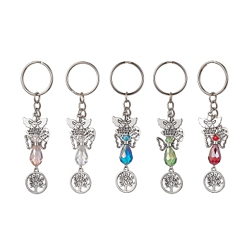 Glass Angel & Alloy Tree of Life Pendant Keychains, with Iron Split Key Rings, Mixed Color, 9.6cm