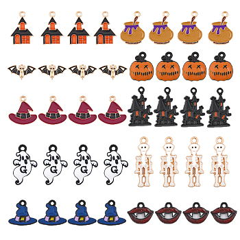 40Pcs 10 Style Halloween Theme Alloy Enamel Pendants, Ghost & House & Bat & Skeleton, Mixed Color, 23x15x3mm, Hole: 1mm, 4pcs/style