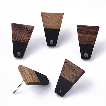 Resin & Walnut Wood Stud Earring Findings, with 304 Stainless Steel Pin, Trapezoid, Black, 18x12.5mm, Hole: 1.8mm, Pin: 0.7mm