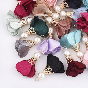 Cloth Pendants, with Iron Findings and ABS Plastic Imitation Pearl, Flower, Light Gold, Mixed Color, 32~34x19~30mm, Hole: 2mm