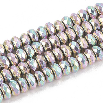 Electroplate Non-magnetic Synthetic Hematite Beads Strands, Faceted, Rondelle, Rainbow Plated, 4x2mm, Hole: 1mm, about 170pcs/strand, 15.7 inch