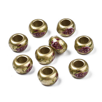 Spray Painted Opaque Acrylic Beads, Large Hole Beads, Rondelle with Flower, Pale Violet Red, 15x9mm, Hole: 7mm