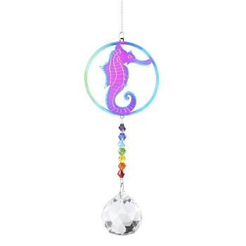 Stainless Steel with Glass Beaded Hanging Pendant Decorations, Suncatchers for Party Window, Wall Display Decorations, Sea Horse, 280x55mm
