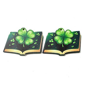 Saint Patrick's Day Single Face Printed Wood Pendants, Book Charms with Clover, Green, 36x49x2.5mm, Hole: 2mm