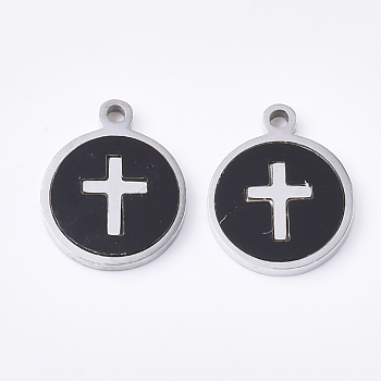 304 Stainless Steel Charms, with Black Acrylic, Flat Round with Cross, Stainless Steel Color, 12x10x1.5mm, Hole: 1.2mm