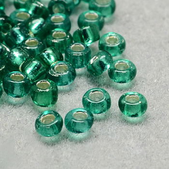 6/0 Grade A Round Glass Seed Beads, Silver Lined, Medium Sea Green, 6/0, 4x3mm, Hole: 1mm, about 4500pcs/pound