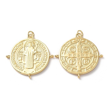 Rack Plating Brass Pendants, with Jump Ring, Cadmium Free & Lead Free, Flat Round with Cssml Ndsmd Cross God Father Religious Christianity, Real 18K Gold Plated, 30.5x30x3mm, Hole: 1.2mm