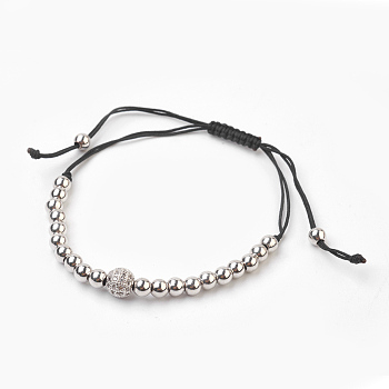 Brass Braided Bead Bracelets, with Cubic Zirconia and Nylon, Round, Platinum, 2.4~7.4cm