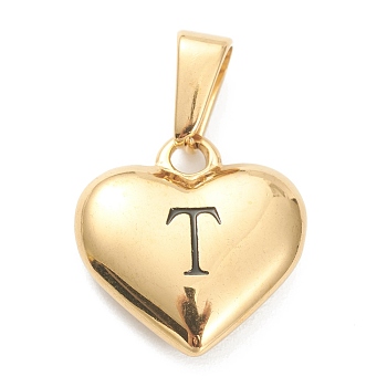 304 Stainless Steel Pendants, Heart with Black Letter, Golden, Letter.T, 16x16x4.5mm, Hole: 7x3mm
