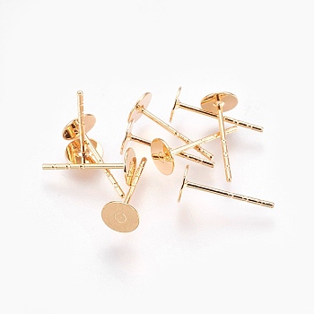 Brass Stud Earring Findings, Flat Round, Nickel Free, Real 18K Gold Plated, 5mm, Pin: 0.8mm
