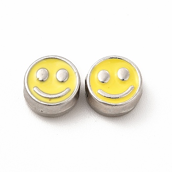Rack Plating Alloy Enamel Beads, Cadmium Free & Nickel Free & Lead Free, Flat Round with Smiling Face Pattern, Platinum, Gold, 7.5x4mm, Hole: 2mm