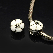 Alloy Enamel Flower Large Hole Style European Beads, Antique Silver, White, 10x11mm, Hole: 4mm(MPDL-R036-51J)