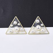 Epoxy Resin Pendants, with ABS Plastic Imitation Pearl and Light Gold Plated Brass Open Back Bezel, Triangle, Clear, 30x34x8mm, Hole: 1.8mm(RESI-S380-10)