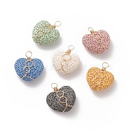 Natural Dyed Lava Rock Pendants, Heart Charm, with Golden Tone Copper Wire Wrapped, Mixed Color, 28x24x11mm, Hole: 3.5mm(PALLOY-JF01925)