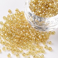 Glass Seed Beads, Trans. Colours Lustered, Round, Goldenrod, 3mm, Hole: 1mm, about 10000pcs/pound(SEED-A006-3mm-102B)