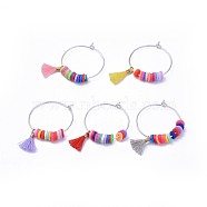 Wine Glass Charms, with Brass Findings, Polymer Clay Heishi Beads and Polycotton(Polyester Cotton) Tassel Charms, Mixed Color, 37mm, Pin: 0.8mm(AJEW-JO00170-M)