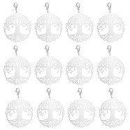 20Pcs Flat Round with Tree of Life 201 Stainless Steel Filigree Pendant Decorations, with 304 Stainless Steel Lobster Claw Clasps, Stainless Steel Color, 57mm(HJEW-UN0001-10)