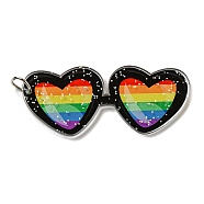 Double-Sided Printed Acrylic Big Pendants, with Iron Jump Ring and Glitter Powder, Heart Glasses with Rainbow Pattern, Black, 51x21.5x2mm, Hole: 5.5mm(OACR-G030-05A)