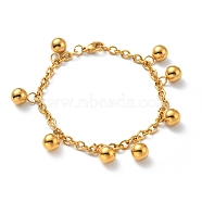 Vacuum Plating 201 Stainless Steel Round Beads Charm Bracelet with 304 Stainless Steel Chains for Women, Golden, 7-1/4 inch(18.5cm)(BJEW-E108-07G)