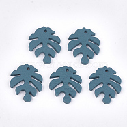 Painted Poplar Wood Pendants, Tropical Leaf Charms, Monstera Leaf, Steel Blue, 30x24x2.5~3mm, Hole: 1.5~2mm(WOOD-T021-11J)