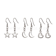 3 Pair 3 Style 304 Stainless Steel Dangle Earrings, Hollow Moon & Heart & Star, Stainless Steel Color, 35~36x9~12.5mm, 1 Pair/style(EJEW-JE05494-01)