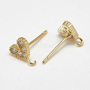 Brass Stud Earring Findings, with Loop, Cubic Zirconia, Heart, Clear, Real 18K Gold Plated, 8x7.5mm, Hole: 1mm, Pin: 1mm(KK-S347-146)