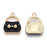 Alloy Enamel Pendants, with Crystal Rhinestone, Light Gold, Bag, Black, 19x16x3mm, Hole: 2mm(ENAM-S119-050A)