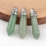 Bullet Natural Green Aventurine Pendants, with Platinum Tone Alloy Findings, 33~40x8~10mm, Hole: 3x2mm(X-G-E332-C13)