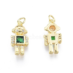 Ion Plating(IP) Brass Micro Pave Clear Cubic Zirconia Pendants, with Glass and Jump Ring, Robot, Real 18K Gold Plated, 20x10x4mm, Jump Ring: 5x0.8mm, Inner Diameter: 3.4mm(KK-C006-30G)