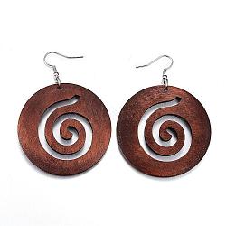 Trendy Flat Round Wood Dangle Earrings, with Platinum Tone Alloy Earring Hooks, Coffee, 69~71x49~50mm, pin: 0.8mm(EJEW-F062-C02)
