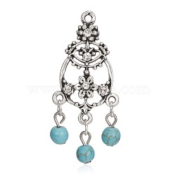 Tibetan Style Alloy Pendants, Flat Round, with Dyed Synthetic Turquoise, Antique Silver, 48.5x21x6mm, Hole: 2mm(PALLOY-G187-01AS)