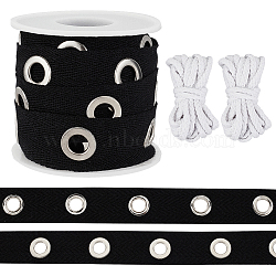5 Yards Cotton Ribbons with Platinum Tone Iron Eyelet Rings, and 2 Bundles White Cotton Thread, for Garment Accessories, Black, 3/4 inch(19mm)(OCOR-OC0001-35B)