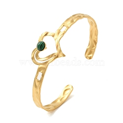 304 Stainless Steel Open Cuff Bangles, with Synthetic Malachite, Jewely Textured Bangles for Women, Real 18K Gold Plated, Heart, Inner Diameter: 2-1/2x1-7/8 inch(6.4x4.8cm)(BJEW-K230-02A-G)