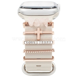 Cross Alloy Rhinestones Watch Band Charms Set, Watch Band Decorative Ring Loops, with Natural Rose Quartz Chips, Rose Gold, Inner Diameter: 2.2x0.35cm, 5pcs/set.(PW-WG27389-03)