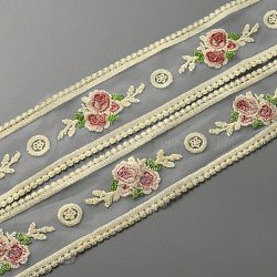 Organza Ribbon, Embroidery Flower Ribbon, Rose Pattern, Light Yellow, 3-3/8 inch(85mm)(ORIB-WH0001-002)