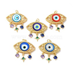 Evil Eye Rack Plating Brass Cubic Zirconia Pendants, with Glass, Lead Free & Cadmium Free, Long-Lasting Plated, with Jump Ring, Mixed Color, 34x29x7mm, Hole: 3.5mm(KK-G504-20G)