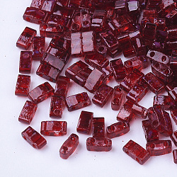 2-Hole Transparent Glass Seed Beads, Antique Style, Rectangle, Dark Red, 4.5~5.5x2x2~2.5mm, Hole: 0.5~0.8mm(SEED-S023-30B-19)