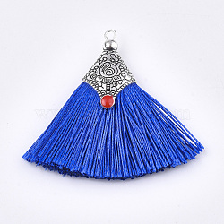 Polyester Tassel Pendant Decorations, with Alloy Findings and Enamel, Fan Shape, Antique Silver, Blue, 45~50x40~44x7~10mm, Hole: 2.5mm(FIND-T036-01F)