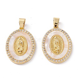 Brass Micro Pave Clear Cubic Zirconia Pendants, Lady of Guadalupe Charms, Long-Lasting Plated, Oval with Virgin Mary, Real 18K Gold Plated, 27x19x3mm, Hole: 4.5x3.5mm(ZIRC-M116-23G)