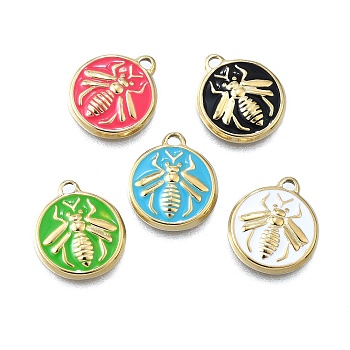 304 Stainless Steel Charms, Real 14K Gold Plated Flat Round with Bee, with Enamel, Ion Plating(IP), Mixed Color, 14.5x12.5x2mm, Hole: 1.4mm