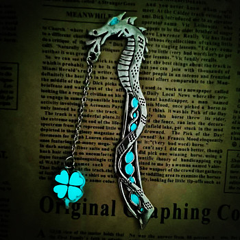 Luminous Alloy Dragon Bookmarks, Glow in the Dark Clover Pendant Book Marker, Antique Silver, 115~123mm