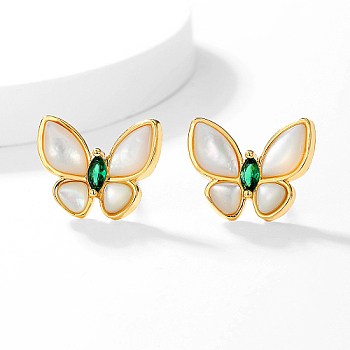 Natural Shell Butterfly Stud Earrings for Women, Brass Earrings, Golden, 16x16mm